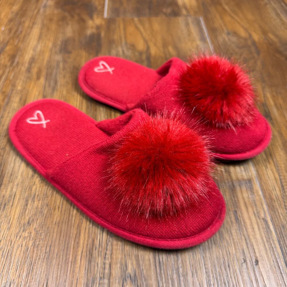 Victoria's Secret Sleep Pom-Pom Slippers Slides RED size M 7-8 lounge shoe